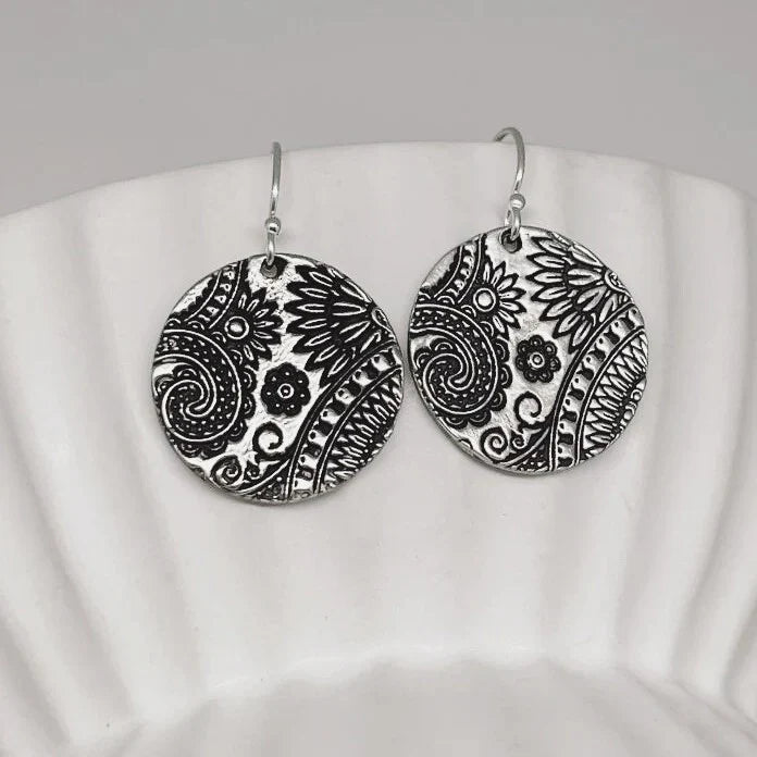 Vintage Rounded Mandala Silvered Earrings