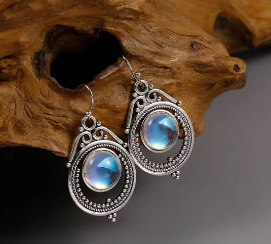 Vintage Moonlight Stone Silver Earrings