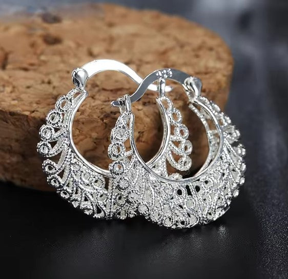Silver Pattern Hollow Hoop Earrings