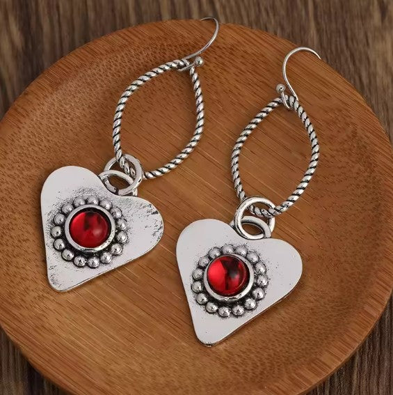 Vintage Red Stone Heart Earrings