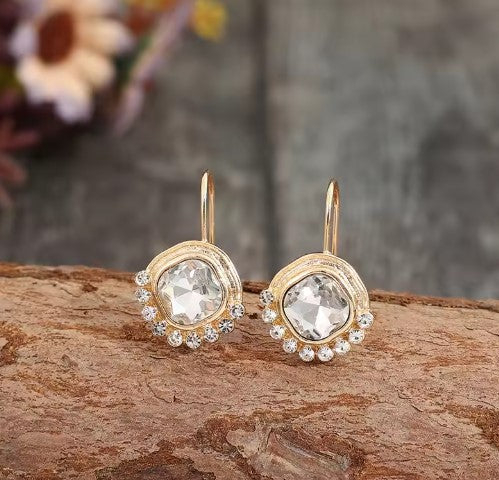 Elegant Gold Color White Stone Dangle Earrings