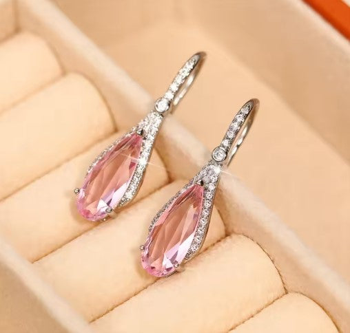 Luxury Silver Color Pink Stone Earrings