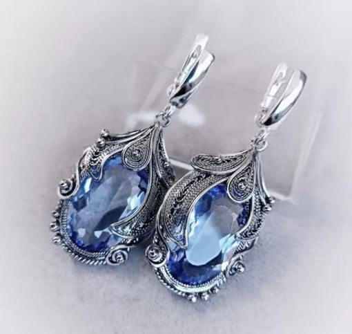 Silver Color Inlaid Blue Stone Earrings