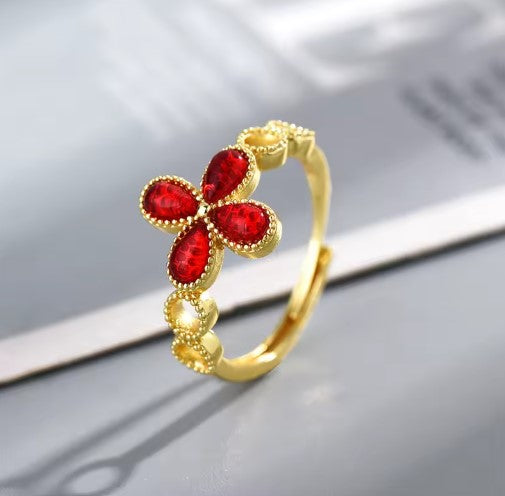 Vintage Red Flower Adjustable Ring