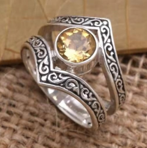 Vintage Charm Silver Flower Yellow Stone Ring