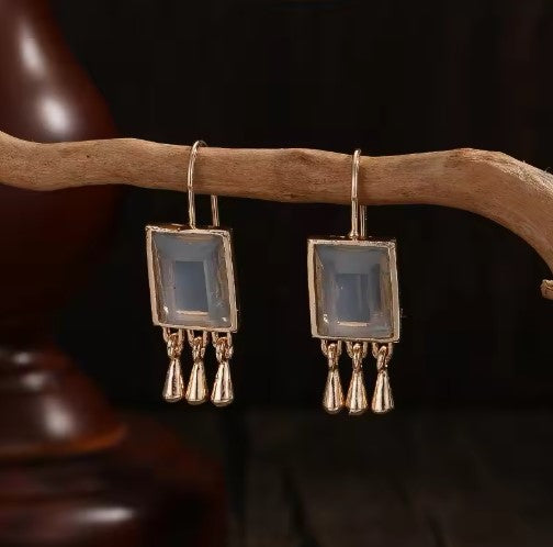 Vintage Gold Square White Stone Dangle Earrings