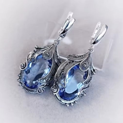 Vintage Silver Inlaid Sea Blue Stone Earrings