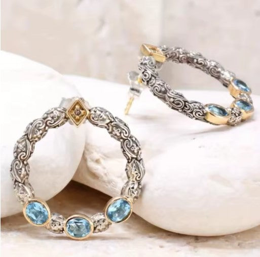 Vintage Oval Sea Blue Stone Earrings
