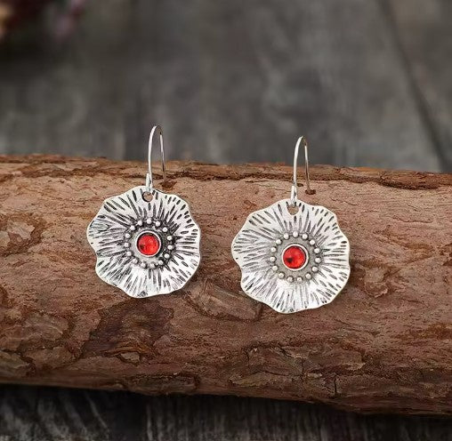 Vintage Round Red Stone Flower Earrings