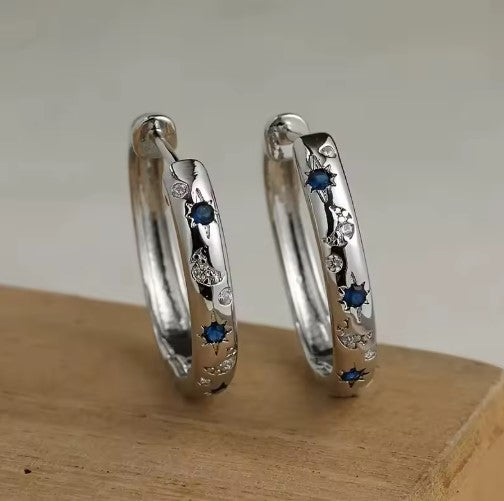 Vintage Silver Carving Sun and Moon Hoop Earrings