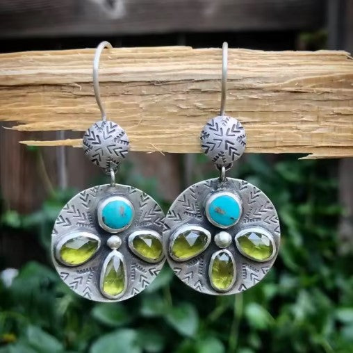 Vintage Water Droplet Inlaid Olive Stone Earrings