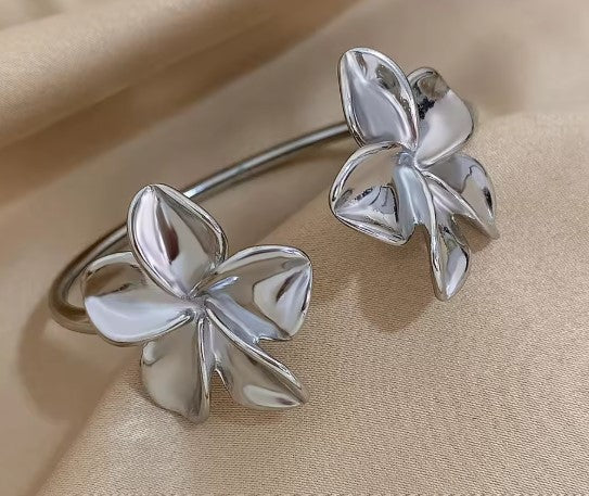 Double Flower Cuff Silver Bracelet