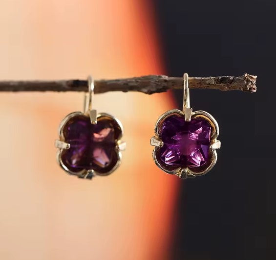 Flower Purple Stone Hook Earrings