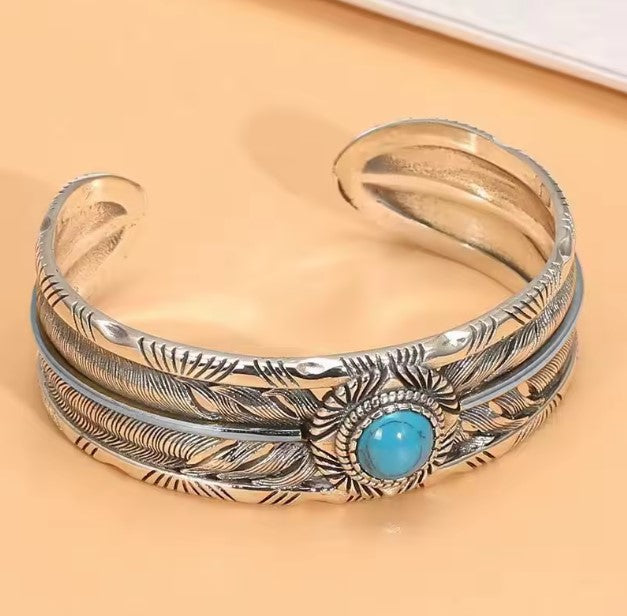 Vintage Turquoise Feather Silver Bracelet