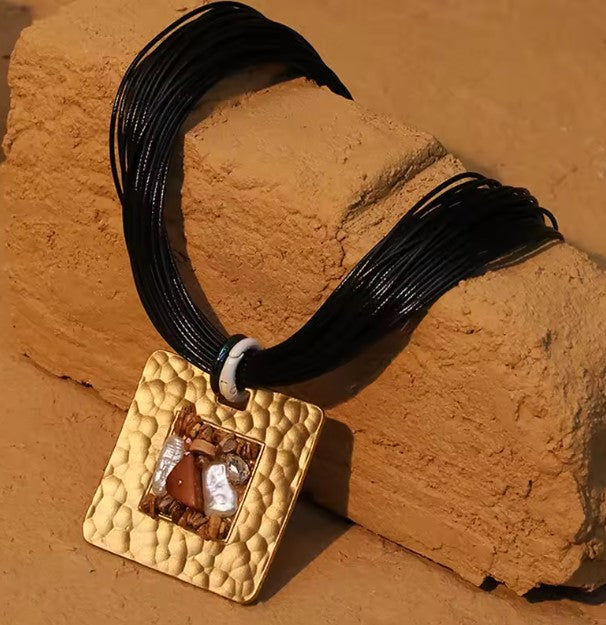 Vintage Black Necklace with Square Pendant