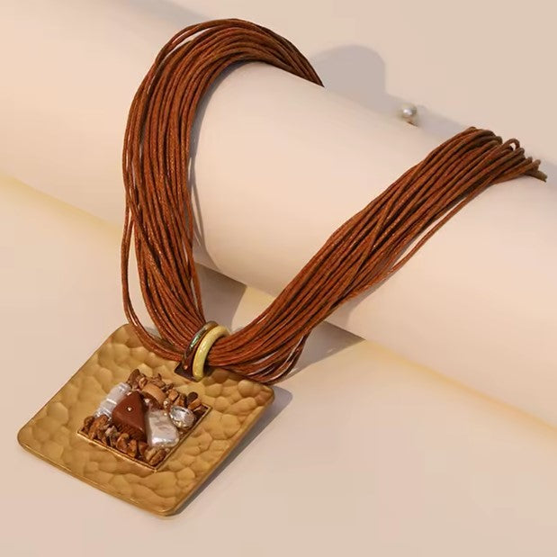 Vintage Brown Necklace with Square Pendant