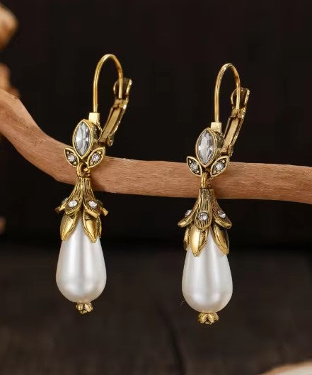 Vintage Inlay Pearls Dangle Earrings