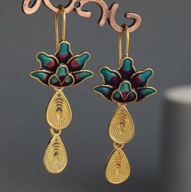 Vintage Exquisite Blue Lotus Flower Drop Earrings