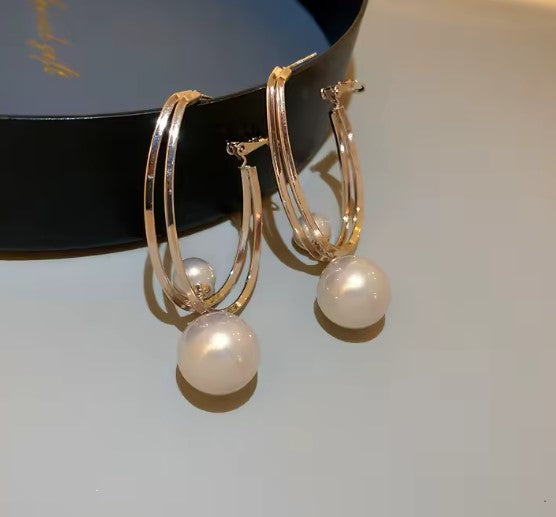 Pearl Ball Pendant Hoop Earrings