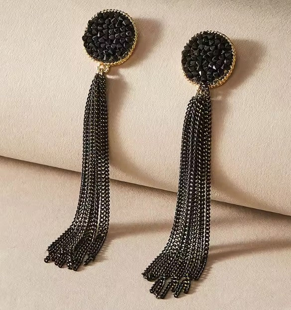 Vintage Black Long Style Inlaid Rhinestone Fringed Earrings
