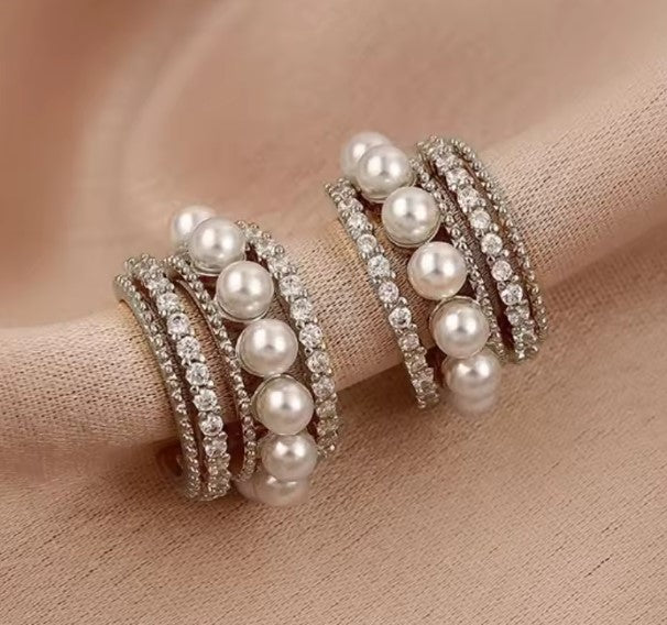 Vintage Pearl Inlaid Rhinestone Hoop Earrings