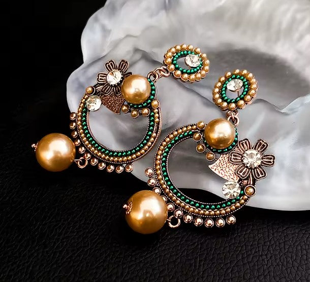 Vintage Pearl and Rhinestone Flower Drop Earrings