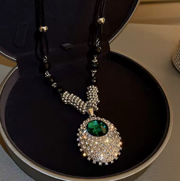 Vintage Inlaid Rhinestone Green Stone Necklace
