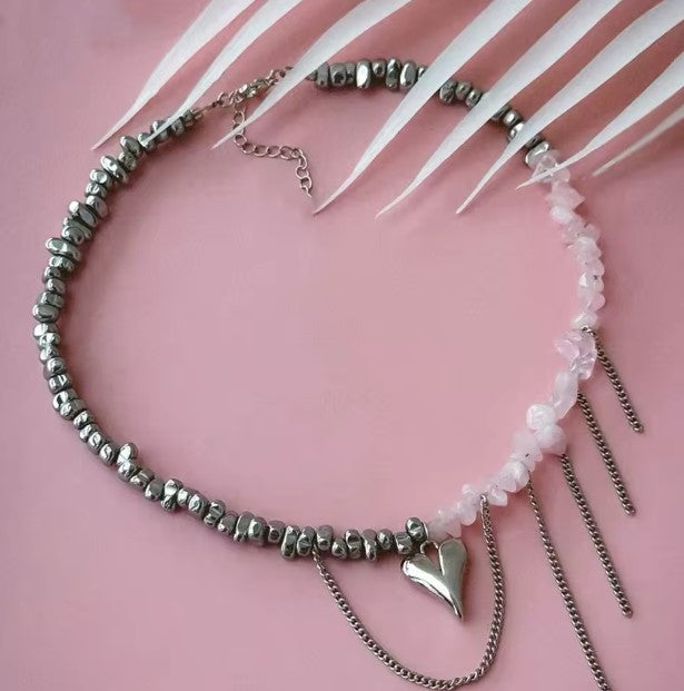 Pink Stone Beads Chain Heart Pendant Necklace
