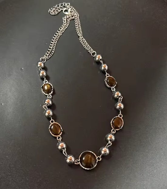 Vintage Brown Stone Pendant Chain Necklace