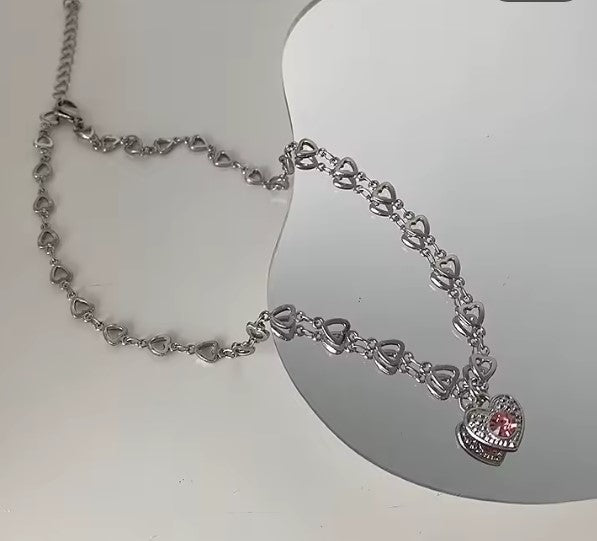 Crystal Heart Chain Silver Necklace