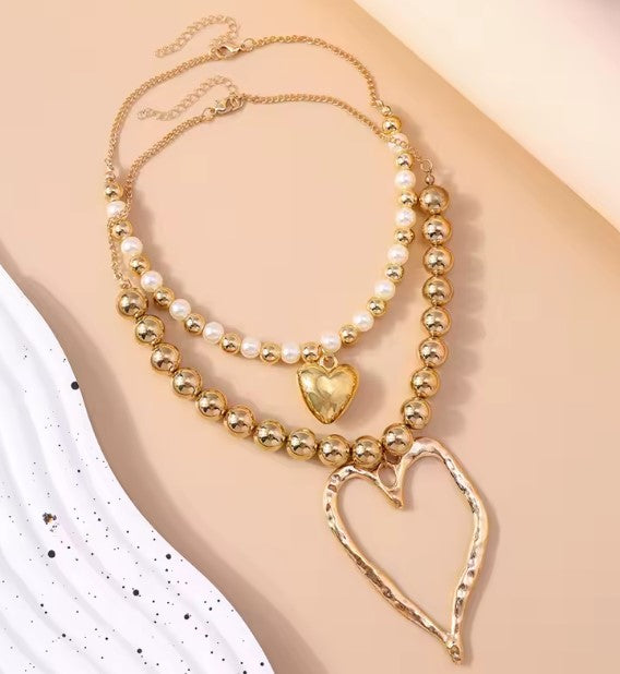 Vintage Ball Beads Heart Pendant Necklace