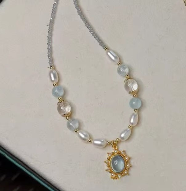 Blue Stone Zircon Freshwater Pearl Necklace