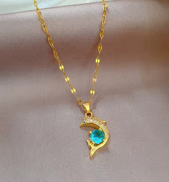 Blue Zircon Dolphin Pendant Necklace