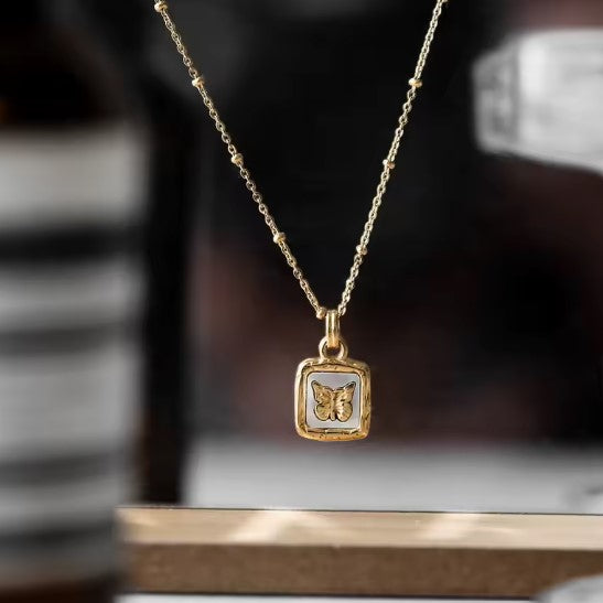 Golden Square Butterfly Pendant Necklace
