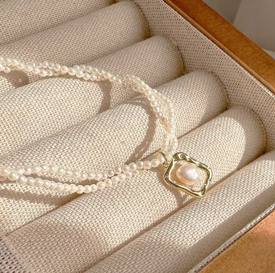 Pearl Choker Square Pendant Beaded Necklace