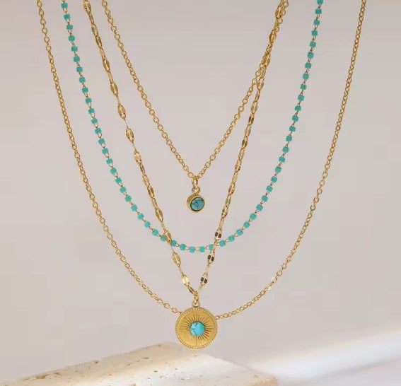Vintage Multilayer Green Stone Pendant Necklace