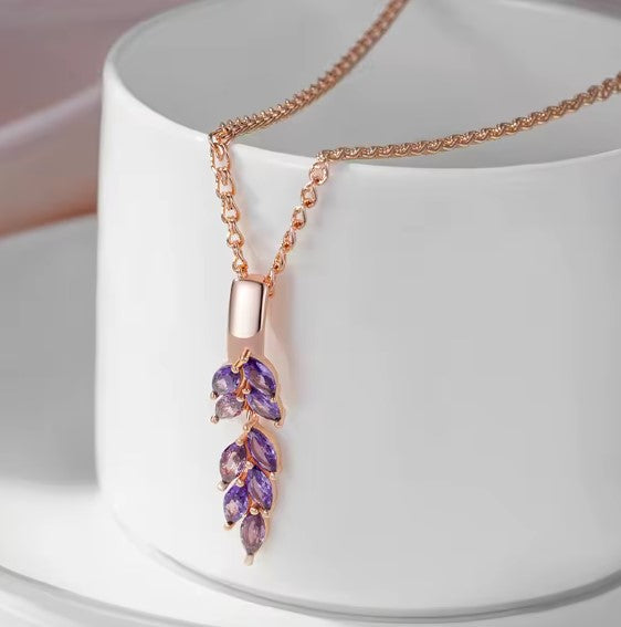 Purple Natural Zircon Leaf-Shaped Necklace