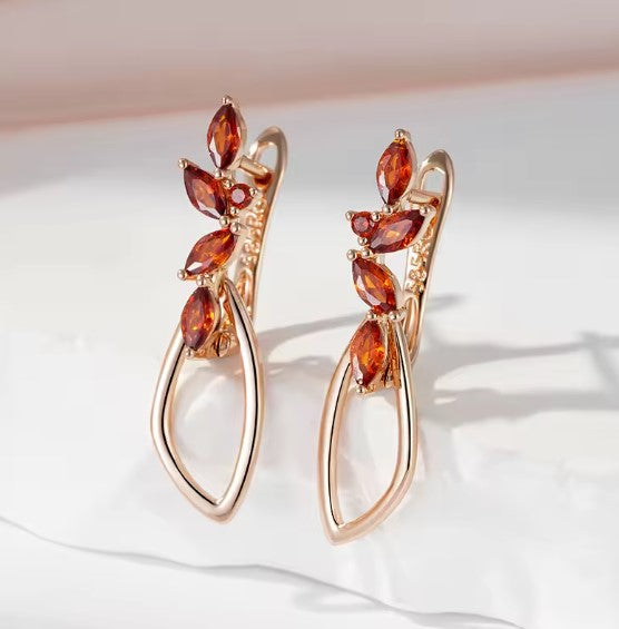 Orange Red Natural Zircon Rose Gold Earrings