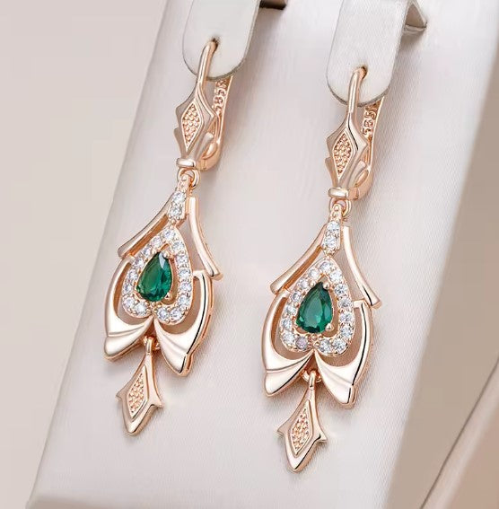Crystal Flower Green Drop Rose Gold Earrings