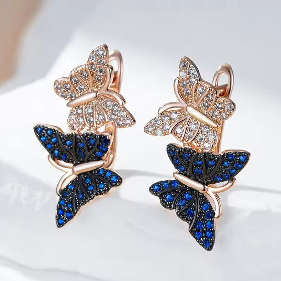 Blue Natural Zircon Two Butterfly Drop Earrings