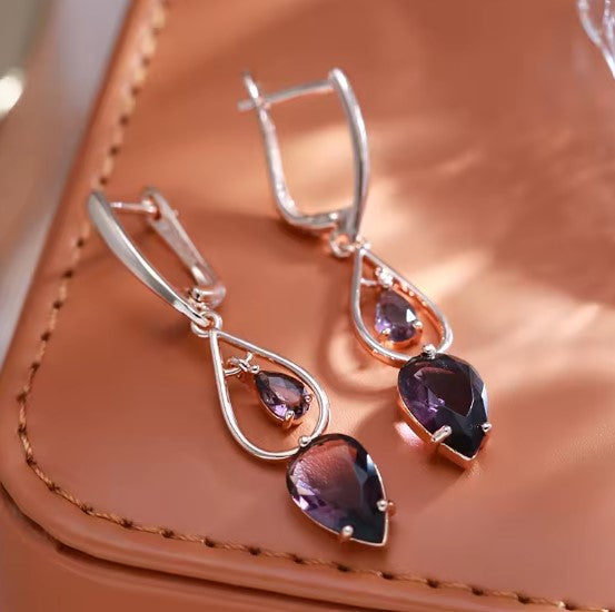 Purple Zircon Rose Gold Water Drop Earrings