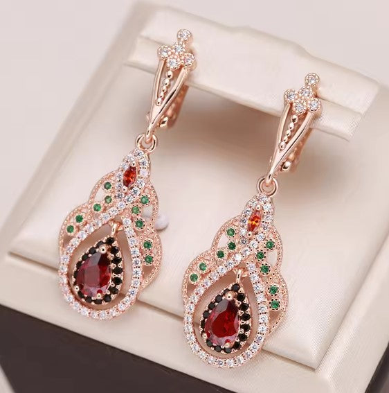 Crystal Flower Red Zircon Earrings