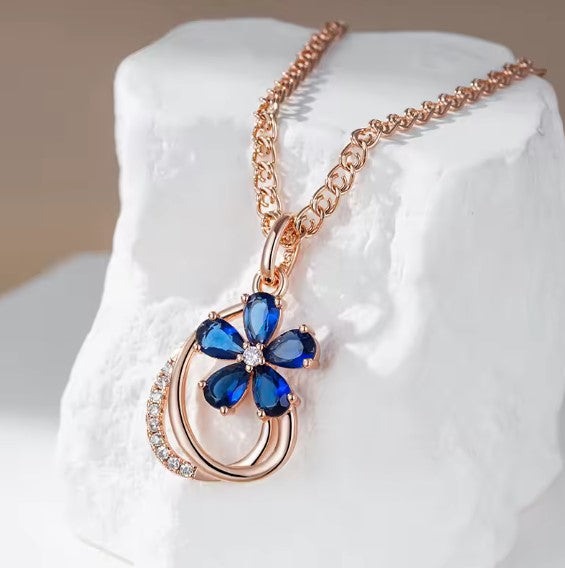 Shiny Blue Zircon Flower Necklace