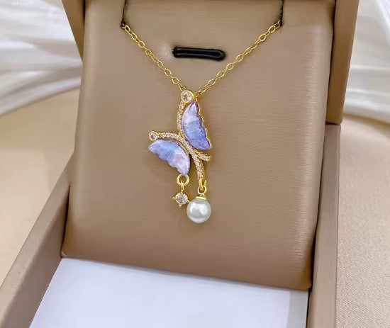 Purple Butterfly Zircon Pearl Necklace