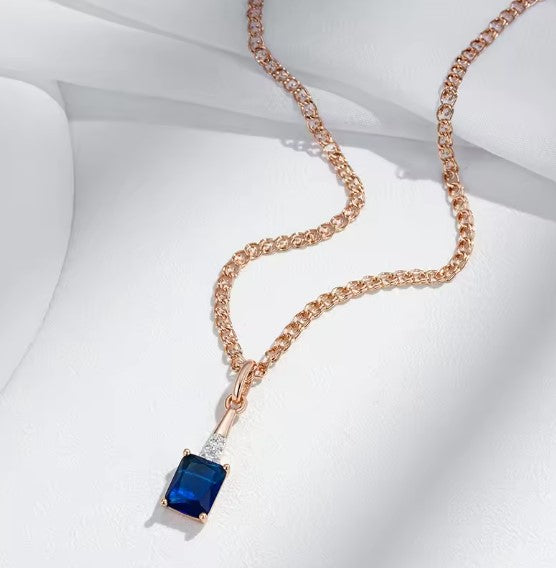 Shiny Square Blue Zircon Rose Gold Necklace