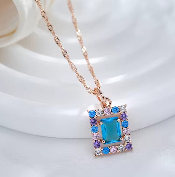 Rose Gold Square Blue Natural Zircon Necklace