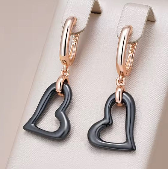 Vintage Heart Black Long Drop Earrings