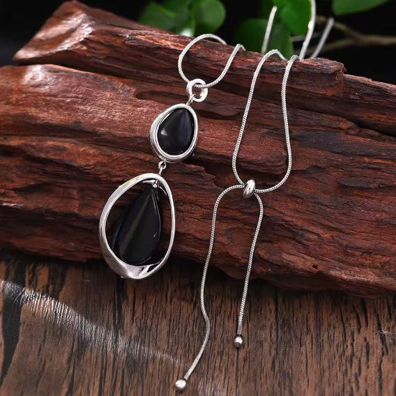 Fashion Black Stone Pendant Silver Necklace