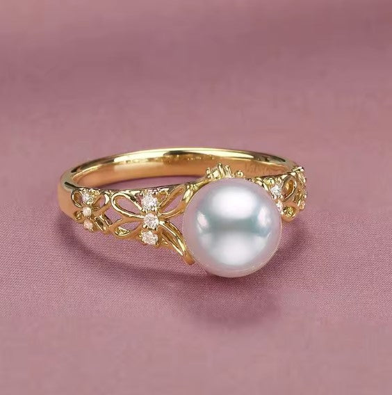 Butterfly Pattern Adjustable Pearl Ring
