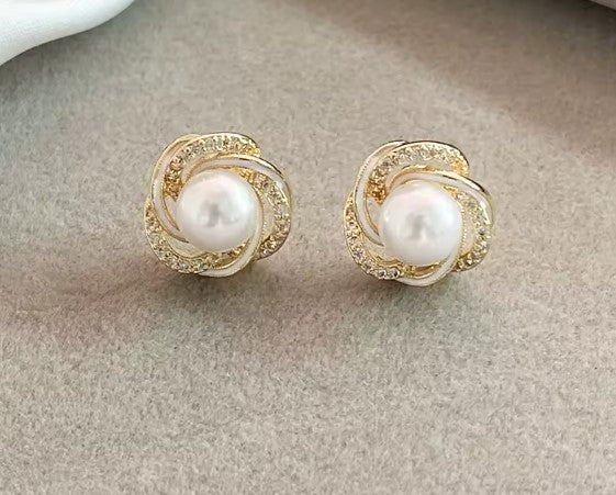 Crystal Zircon Wrapped Flower Pearl Earrings